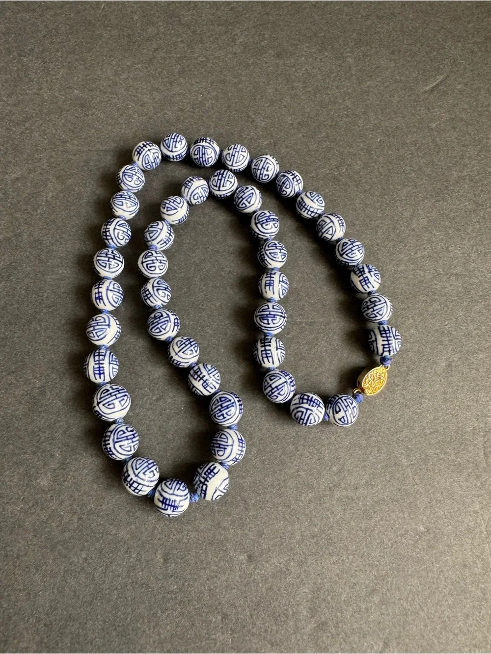 Vintage Chinese Shou Bead Necklace Blue White Porcelain Beaded Longevity 24